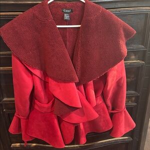 Cami Womens SZ 12 Red Faux Suede Fur Jacket Peplum Fit & Flare Bell Sleeves